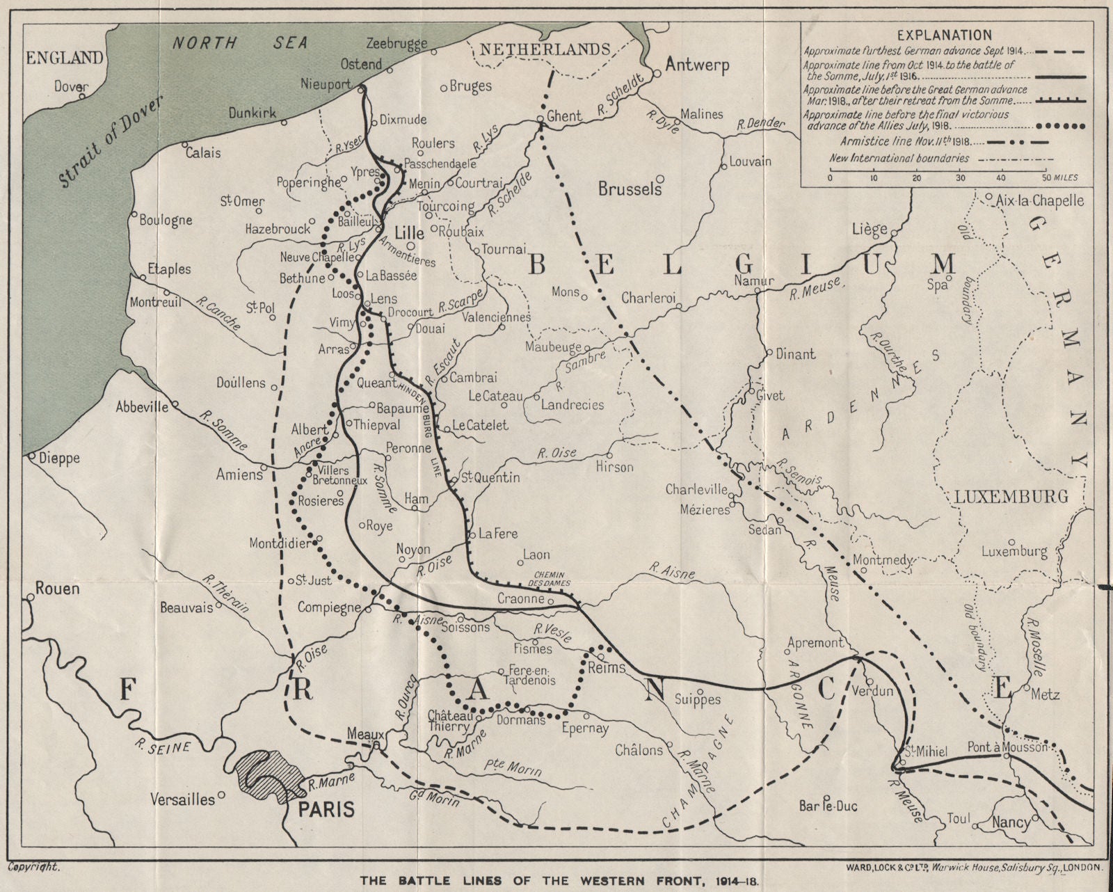 WESTERN FRONT Battle lines 1914-18. Armistice line. Somme. WARD LOCK 1926 map